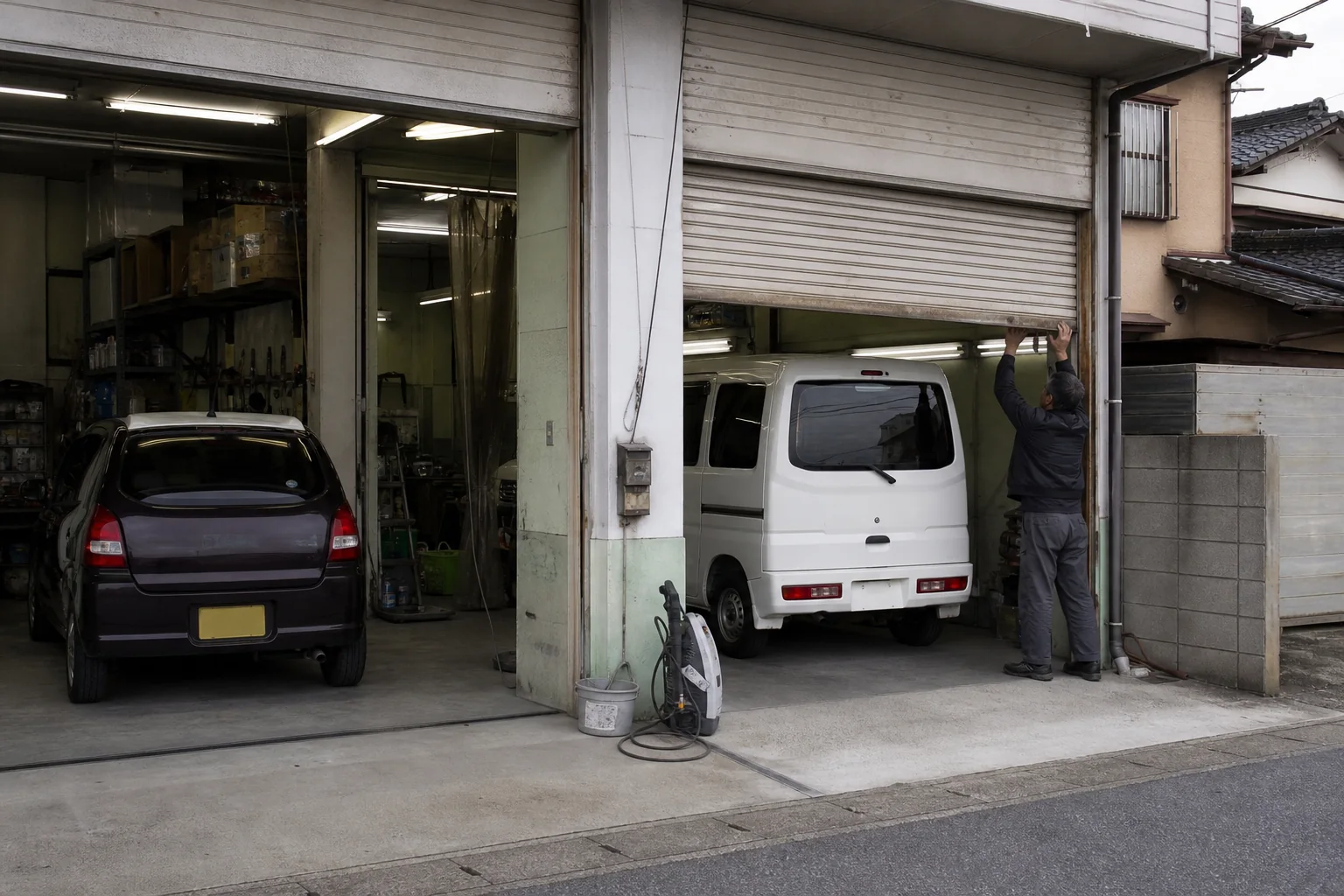 朝の板金塗装工場の外観