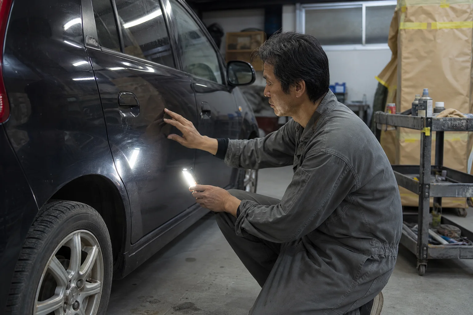 補修後の車体を照明で確認する職人