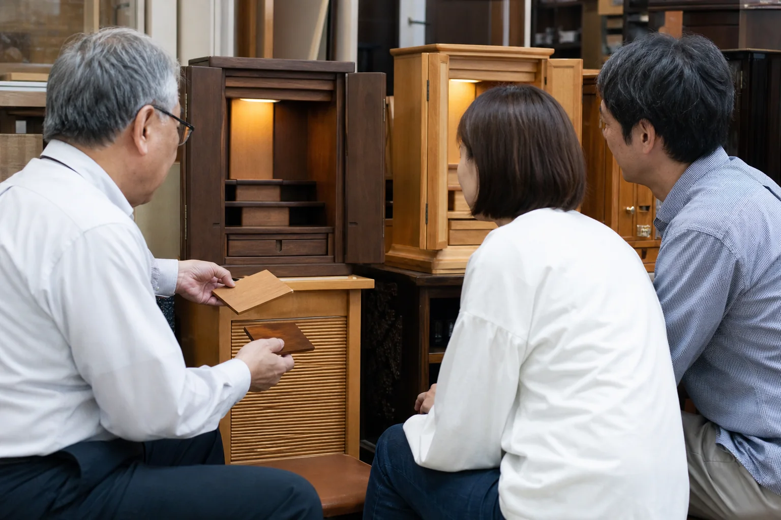 木材見本を見ながら仏壇を相談する場面