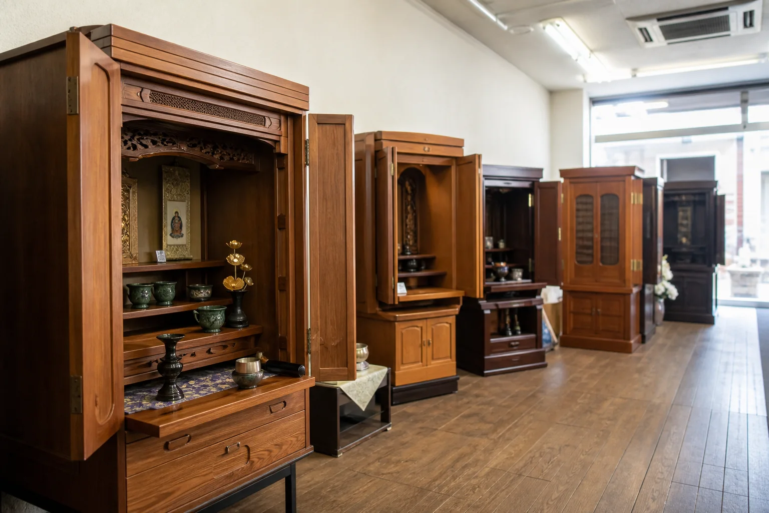 自然光の入る店内に木製の仏壇が並ぶ展示場