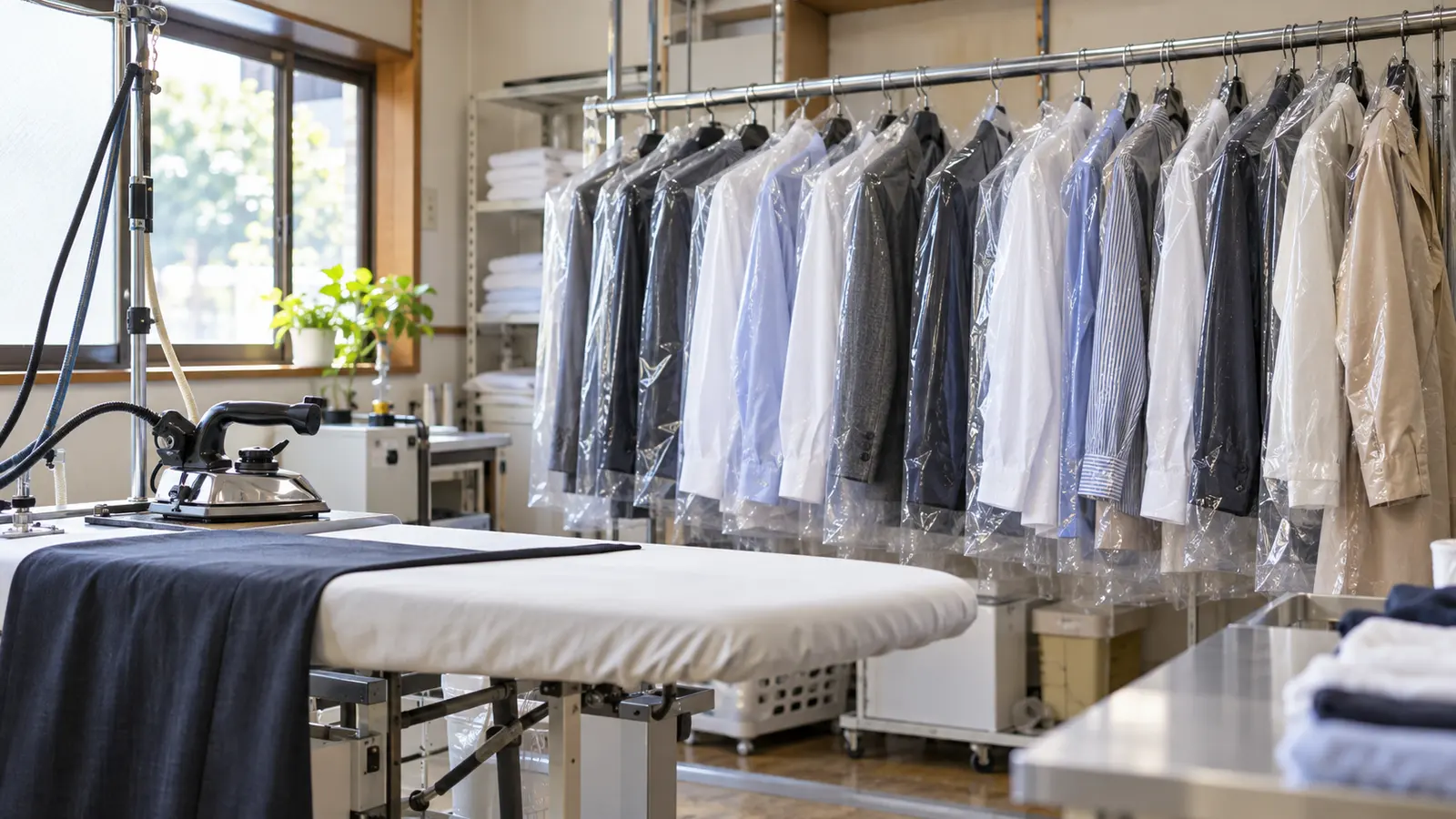 仕上がった服が並ぶ店の中と、アイロン台