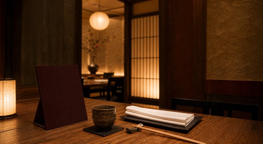 Quiet Japanese restaurant table setting for international guests