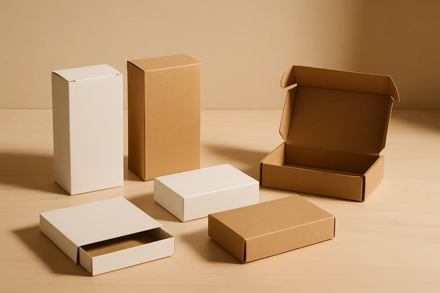 白とクラフトの紙で作った、いろいろな形の試作の箱