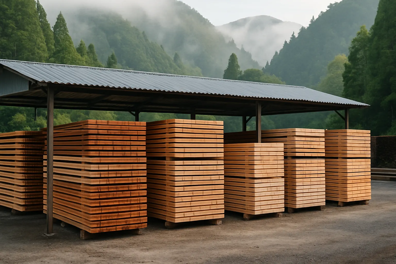 山あいの屋根の下で、桟積みにして乾かす板
