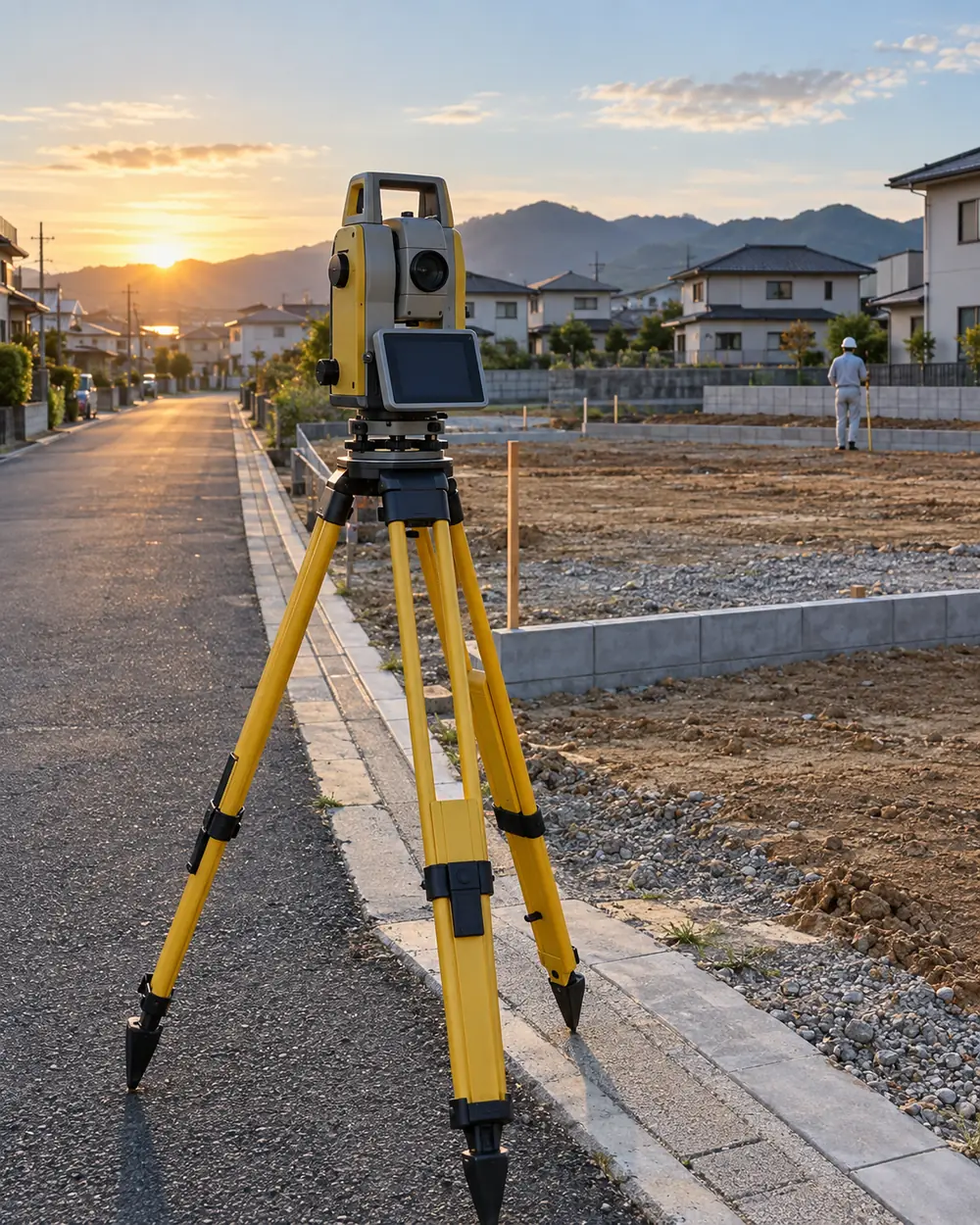 宅地の造成地に立てた測量の機械