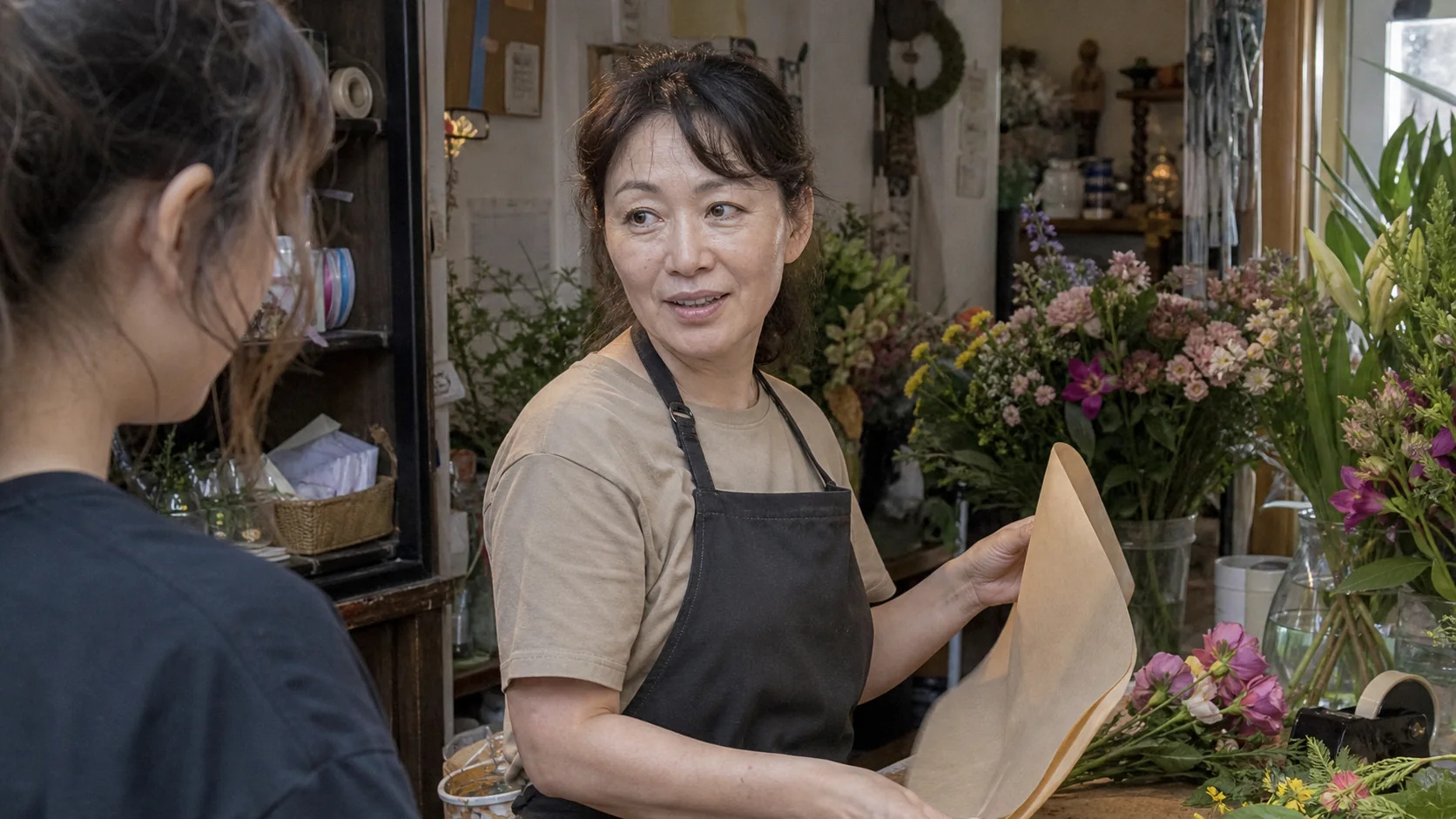 花束を整えながら相談に応じる花屋のイメージ